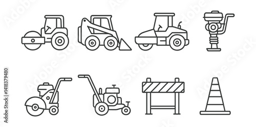 Line vector icons of construction and repair: asphalt roller, mini loader, road paver, tamping machine, asphalt cutter, marking machine, road barrier, cone stand.