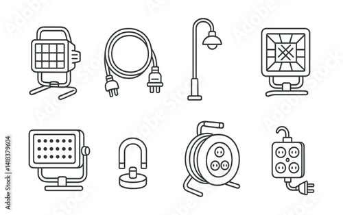 Line vector icons of construction and repair: construction light, power cord, light pole, site lamp, LED floodlight, magnetic base, cable reel, power splitter.