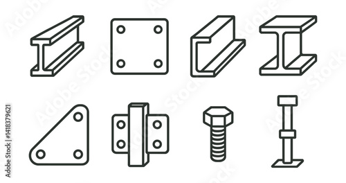 Line vector icons of construction and repair: structural beam, steel plate, channel bar, I-beam, H-beam, gusset plate, connection bolt, steel support.