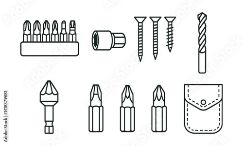 Line vector icons of construction and repair: bit holder set, impact socket, screw set, masonry bit, countersink bit, hex bit, star bit, tool pouch.