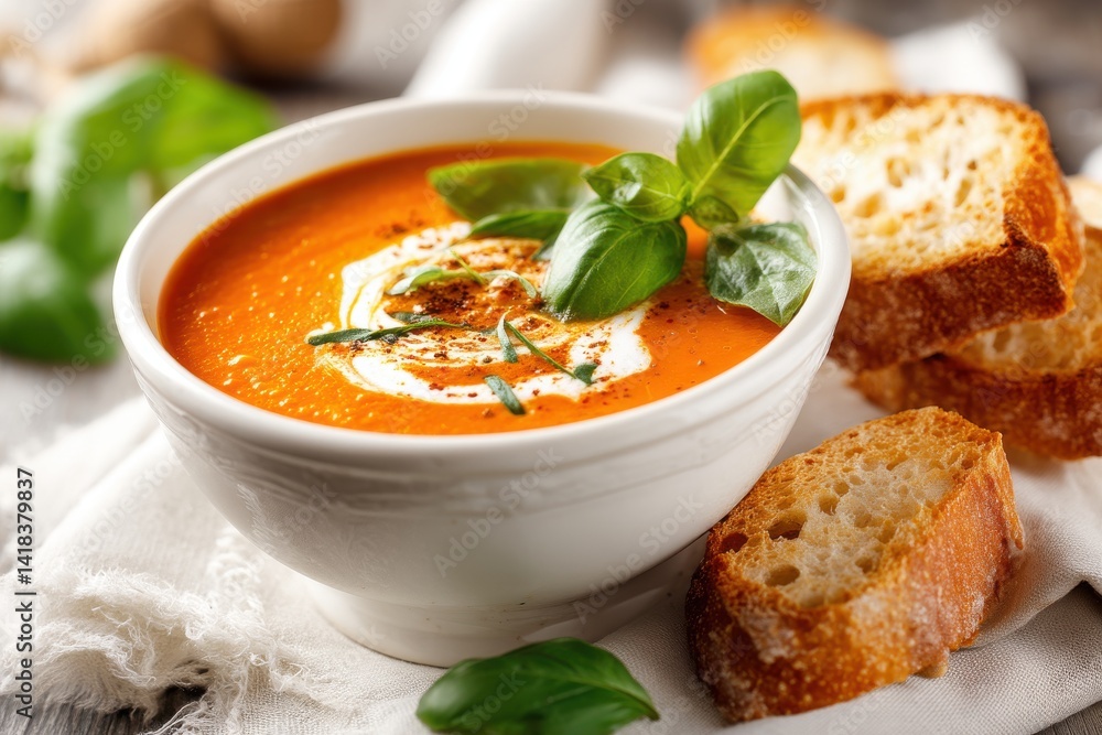 Delicious tomato soup in a white bowl, garnished with cream and basil, accompanied by toasted bread slices, a culinary delight on a rustic wooden surface. Delicious tomato soup in a white bowl, garnished with cream and basil, accompanied by toasted bread slices, a culinary delight on a rustic wooden surface.