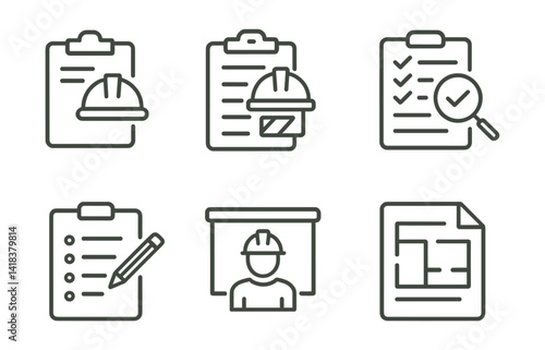 Line vector icons of construction and repair: work permit, daily report, inspection checklist, task sheet, safety briefing, labor schedule, team log, site records.