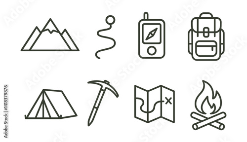 Line vector icons of mountain exploration: mountains, trail, navigator, backpack, tent, ice axe, map, campfire.