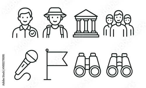 Line vector icons of guided experiences: guide, guide, tour, attraction, group of tourists, microphone, flag, binoculars.