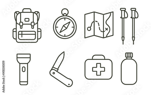 Line vector icons of adventure gear: backpack, compass, map, trekking poles, flashlight, knife, first aid kit, flask.