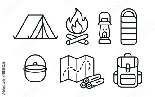 Line vector icons of camping essentials: tent, campfire, sleeping bag, lantern, kettle, map, firewood, backpack.