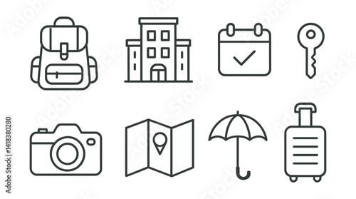 Line vector icons of weekend getaway: backpack, hotel, reservation, key, camera, plan, umbrella, light suitcase.