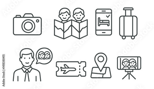 Line vector icons of traveling with friends: camera, map, booking, suitcase, guide, ticket, navigator, blog.