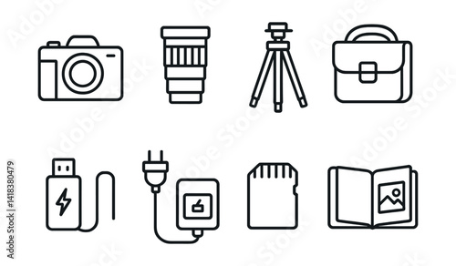 Line vector icons of travel photography gear: camera, lens, tripod, bag, flash drive, charger, memory card, photo album.