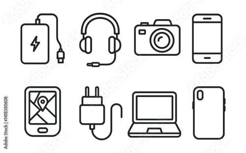 Line vector icons of travel gadgets: powerbank, headphones, camera, smartphone, gps, charging, laptop, case.