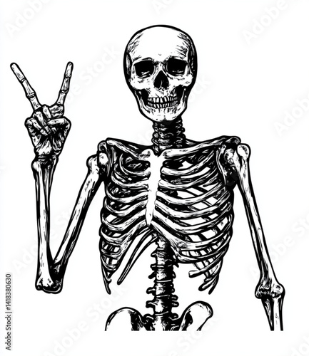 Skeleton making a peace sign with its left hand in black and white art