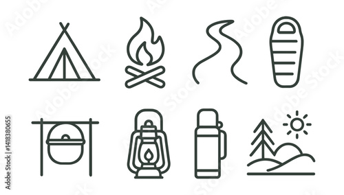 Line vector icons of camping lifestyle: tent, campfire, trail, sleeping bag, kettle, lantern, thermos, nature.