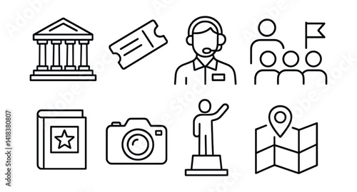 Line vector icons of cultural tourism: temple, ticket, guide, tour, guidebook, camera, monument, map.