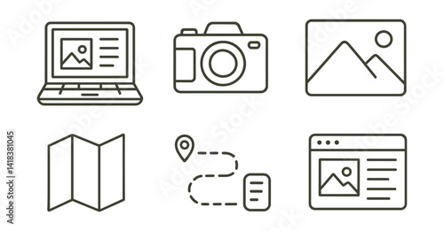 Line vector icons of travel blogging: laptop, camera, travel blog, photo, map, itinerary, note, publication.