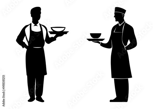  black silhouette of a waiter holding a tray with a small bowl on it