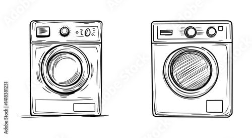 black line drawing of modern, minimalist washing machine from a front view.