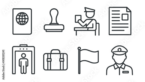 Line vector icons of border control and customs: passport, stamp, customs, declaration, scanner, luggage, flag, control.
