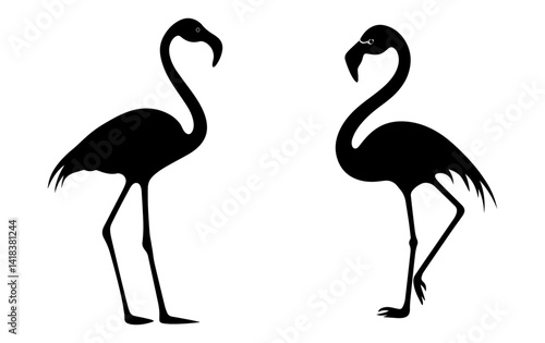 black silhouette of A flamingo standing on one leg with neck forming a perfect loop