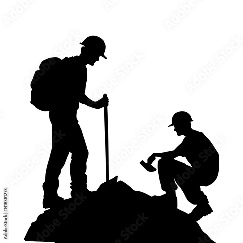 silhouette of men with a backpack and an axe, standing on a rock