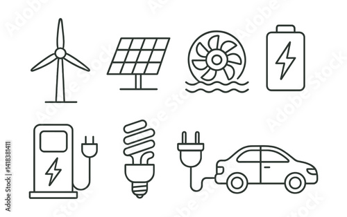 Line vector icons of renewable energy: wind turbine, solar panel, water turbine, energy battery, charging station, eco light bulb, plug icon, electric car.