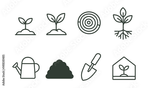 Line vector icons of plant growth: seedling, sprout, tree ring, roots, watering can, compost pile, garden trowel, greenhouse.