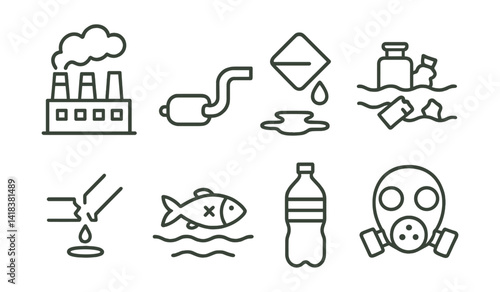 Series of icons depicting pollution and waste. The icons include a factory, a fish, a bottle, a gas can, a gas pipe, a gas tank, a gas pump, and a gas station