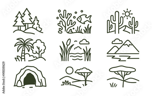 Line vector icons of animal habitats: forest zone, coral reef, desert, jungle, wetlands, tundra, cave, savanna.