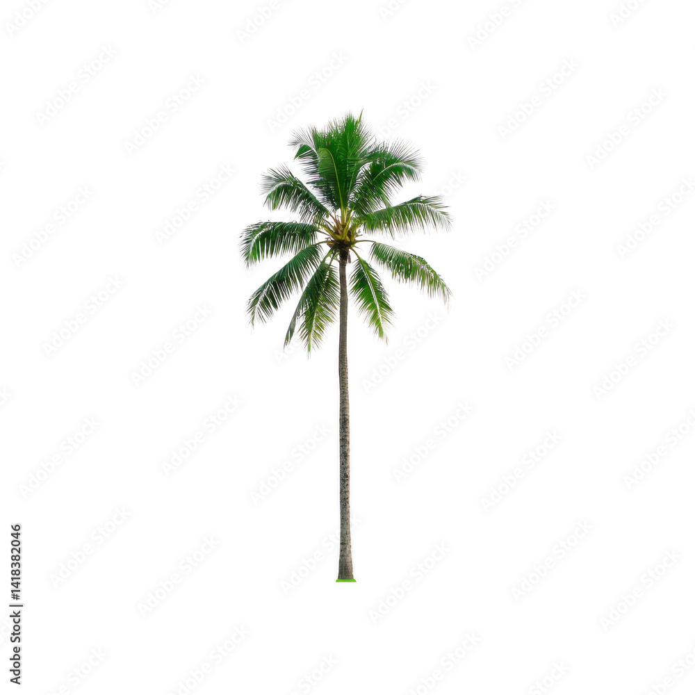 Obraz premium tall, lush coconut palm tree stands isolated against transparency background, showcasing its vibrant green fronds and slender trunk. tropical plant evokes sense of relaxation and exotic