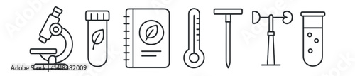 Line vector icons of environmental science tools: microscope, sample vial, lab notebook, thermometer, soil probe, weather station, test tube, eco sensor.