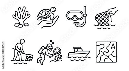 Line vector icons of marine conservation: coral icon, turtle rescue, diving mask, net removal, ocean cleanup, reef survey, boat icon, marine chart.