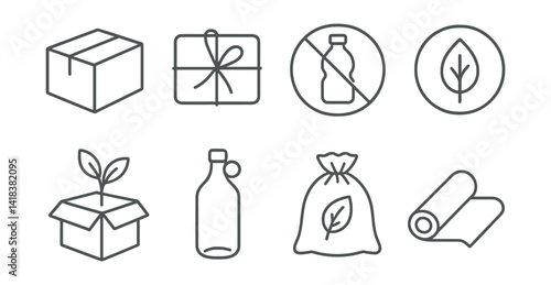 Line vector icons of eco packaging: paper box, string wrap, no plastic symbol, biodegradable sticker, plant-based packaging, returnable bottle, compost bag, wrap icon.