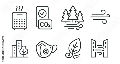 Line vector icons of clean air initiatives: air purifier, CO2 level indicator, forest air symbol, fresh wind icon, urban greenery, anti-smog mask, breathing leaf, wind corridor.