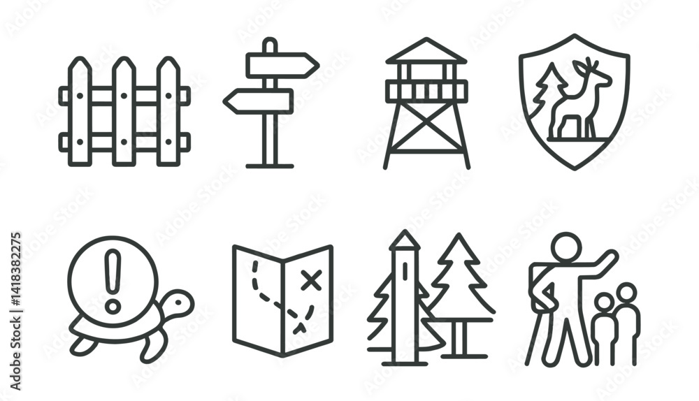 Line vector icons of protected reserves: fence, trail sign, lookout tower, reserve badge, endangered icon, hiking map, forest boundary, guided tour. Line vector icons of protected reserves: fence, trail sign, lookout tower, reserve badge, endangered icon, hiking map, forest boundary, guided tour.