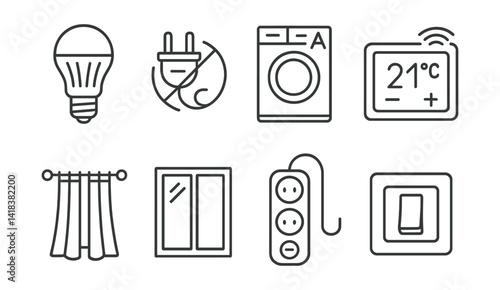 Line vector icons of energy saving at home: LED bulb, unplug icon, efficient appliance, smart thermostat, curtain, double glazing, power strip, switch.