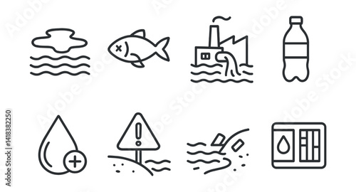 Line vector icons of water pollution: oil slick, dead fish, factory waste, plastic bottle, contaminated drop, warning sign, polluted shore, test kit.