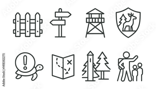 Line vector icons of protected reserves: fence, trail sign, lookout tower, reserve badge, endangered icon, hiking map, forest boundary, guided tour.