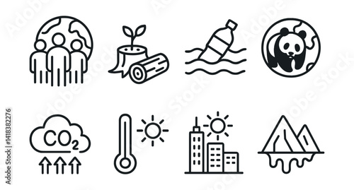 Line vector icons of global ecological issues: overpopulation, deforestation, ocean plastic, endangered species, CO2 growth, temperature rise, urban heat, melting poles.