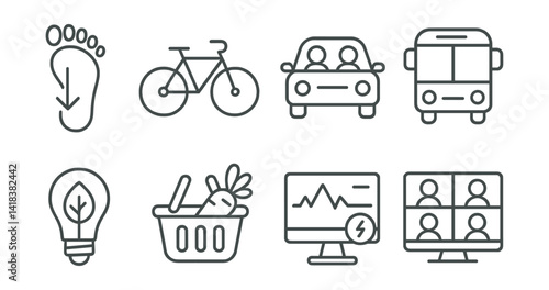 Line vector icons of carbon footprint reduction: footprint icon, bicycle, shared ride, public transport, LED light, local food, energy monitor, digital meeting.
