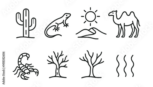 Line vector icons of desert ecosystems: cactus, lizard, sand dune, sun, camel, scorpion, dry tree, heatwave.
