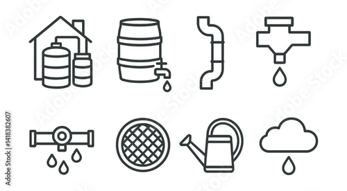 Line vector icons of rainwater harvesting: rooftop tank, water barrel, collection pipe, rain diverter, overflow valve, filter mesh, water can, cloud with drop.