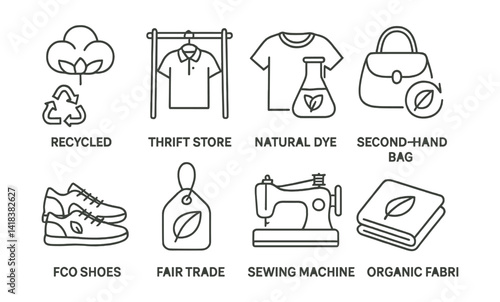 Line vector icons of eco fashion: recycled cotton, thrift store, natural dye shirt, second-hand bag, eco shoes, fair trade label, sewing machine, organic fabric.