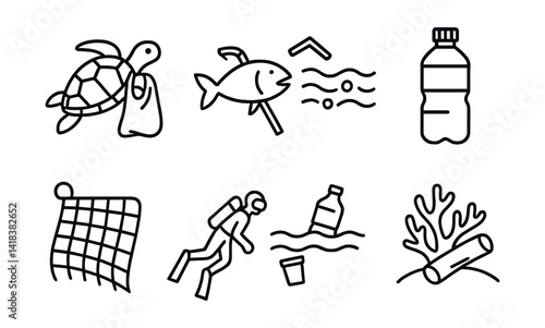 Line vector icons of ocean plastics awareness: sea turtle with bag, fish with straw, ocean current, plastic bottle, ghost net, diver icon, floating debris, coral damage.