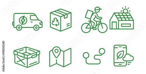 Line vector icons of green logistics: electric delivery van, green package, bicycle courier, solar warehouse, reusable crate, delivery map, route optimization, emission tracker.