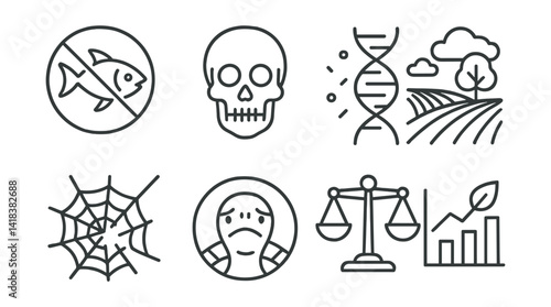 Line vector icons of biodiversity loss: extinct species sign, skull, genetic erosion, monoculture field, broken web, endangered status, balance icon, biodiversity chart.