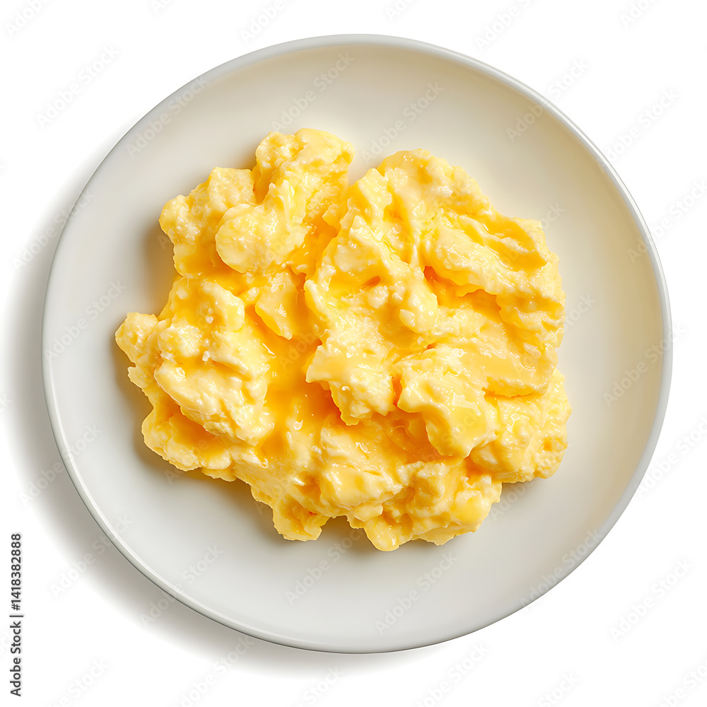 Fluffy scrambled eggs with visible curds and buttery sheen, isolated white background, photorealistic illustration style Fluffy scrambled eggs with visible curds and buttery sheen, isolated white background, photorealistic illustration style