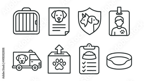 Line style icons of animal shelter: kennel cage, adoption papers, shelter logo, volunteer badge, rescue truck, donation box, feeding schedule, pet bed.