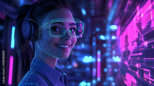 Wallpaper Mural Woman with vr headset and headphones smiling in futuristic neon lit environment with digital elements Torontodigital.ca