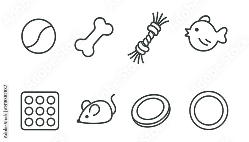 Line style icons of pet toys: ball, chew toy, rope toy, squeaky toy, puzzle feeder, mouse toy, frisbee, play ring.