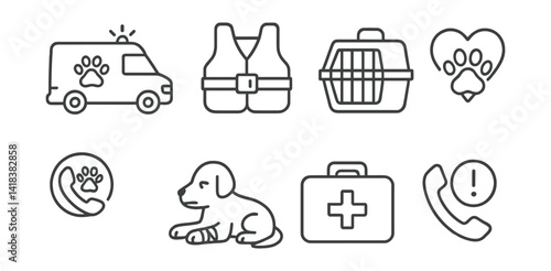 Line style icons of animal rescue: ambulance, rescue vest, rescue cage, paw with heart, emergency contact, injured animal, first aid kit, rescue hotline.