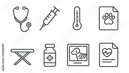 Line style icons of vet clinic: stethoscope, syringe, thermometer, medical file, exam table, vaccine bottle, x-ray image, health report.